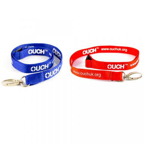 OUCH (UK) charity lanyard in red and blue