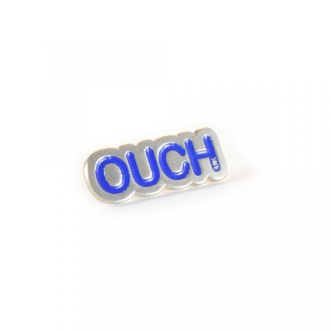 Lapel Pin Badge "OUCH" blue on silver