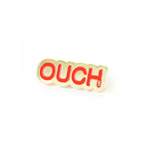 Lapel Pin Badge "OUCH" red on gold