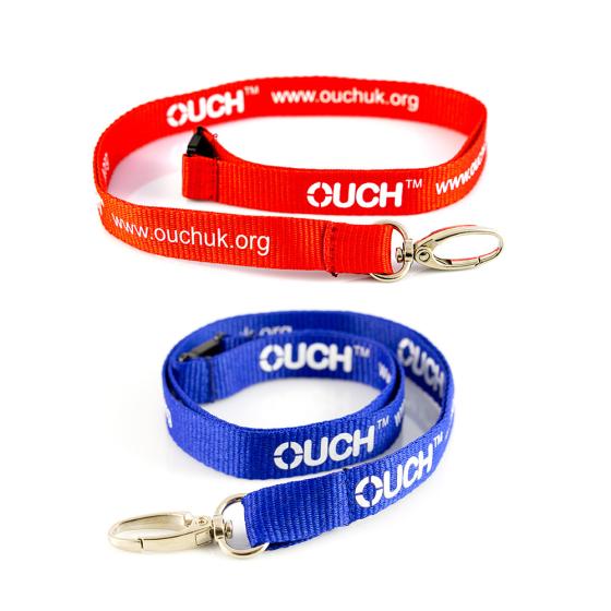 OUCH (UK) charity lanyard in red and blue
